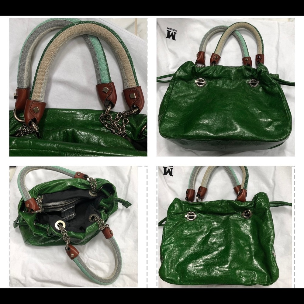 MISSONI CRINKLED LEATHER EMERALD GREEN PURSE WITH A TOUCH OF GLITTER HANDLES